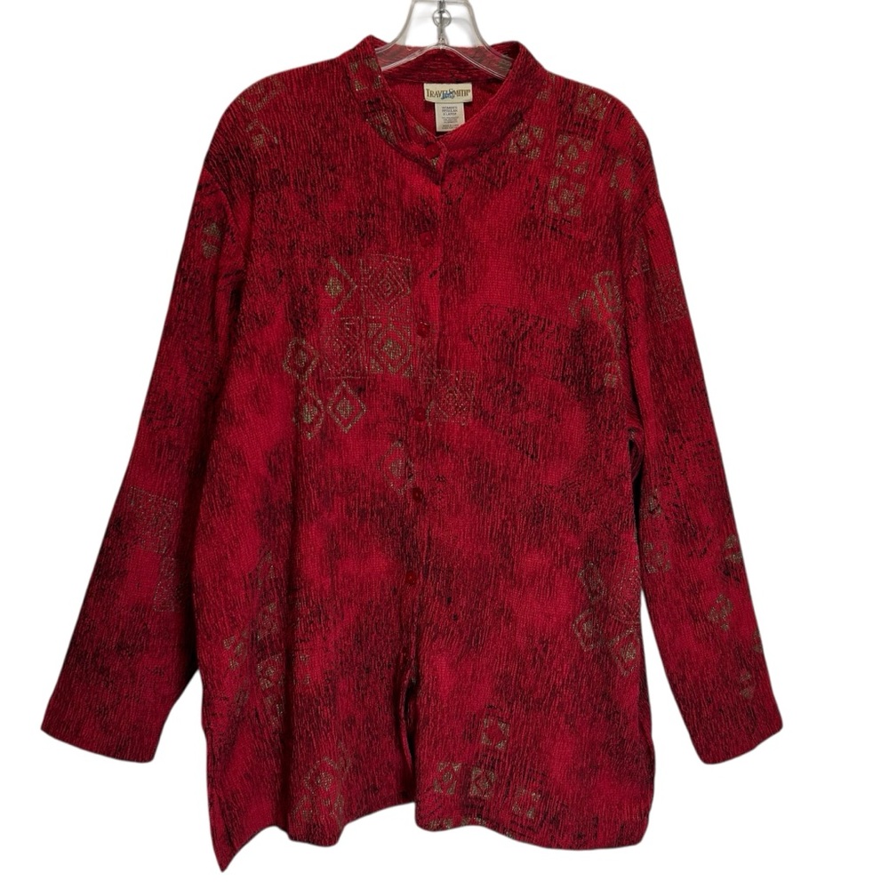 TravelSmith Red, Black, and Gold Crushed Crepe Asian Inspired Tunic - Size XL